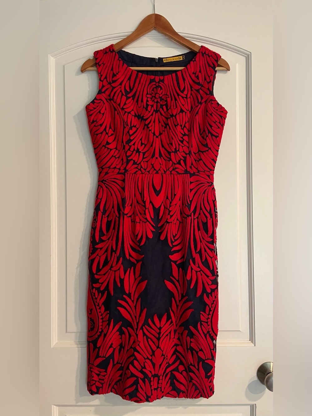 Pankaj & Nidhi Red Navy Floral Embroidered Velvet Scoop Neck Dress 4